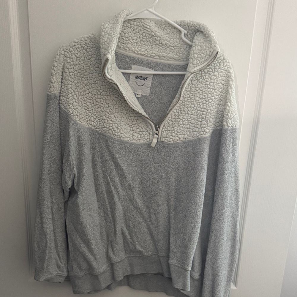 Aerie Gray and Cream Sherpa Quarter-Zip Sweater